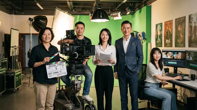 妖精视频专业影视制作团队在现代化摄影棚中合影，展示导演、摄影师、编剧、制片人和剪辑师