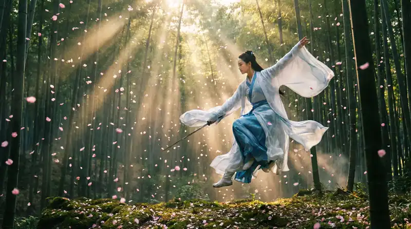 妖精视频精彩影片预告片画面，竹林中女侠飞身舞剑